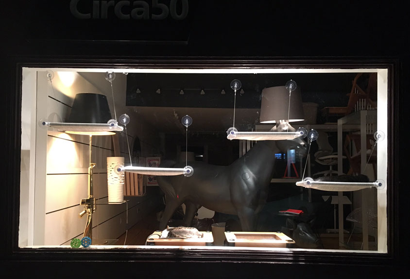 Storefront with cats in the window